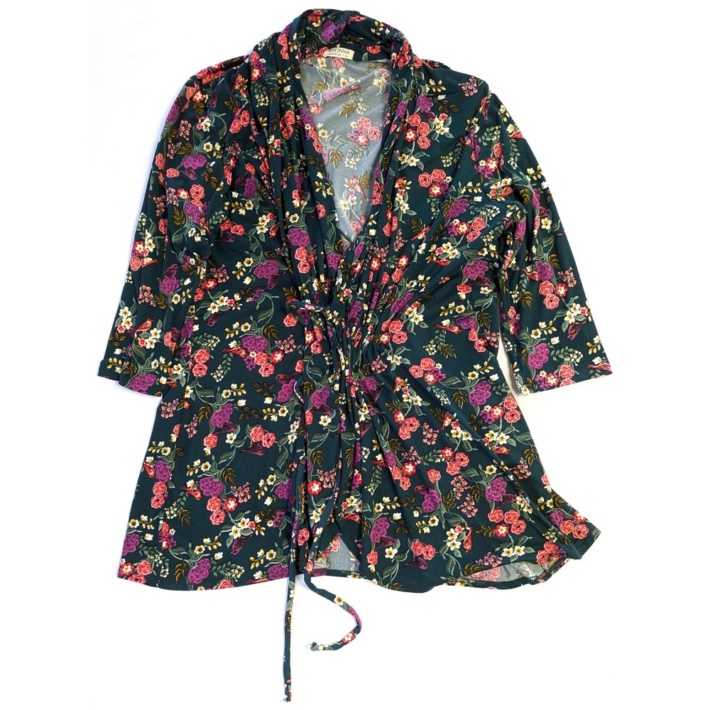 Kiyonna Womens 2X Floral Drawstring Waist Wrap Top Teal Green 3/4 Sleeve Blouse